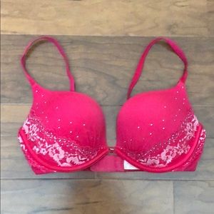 Pink Push Up Bra with Rhinestones and Lace